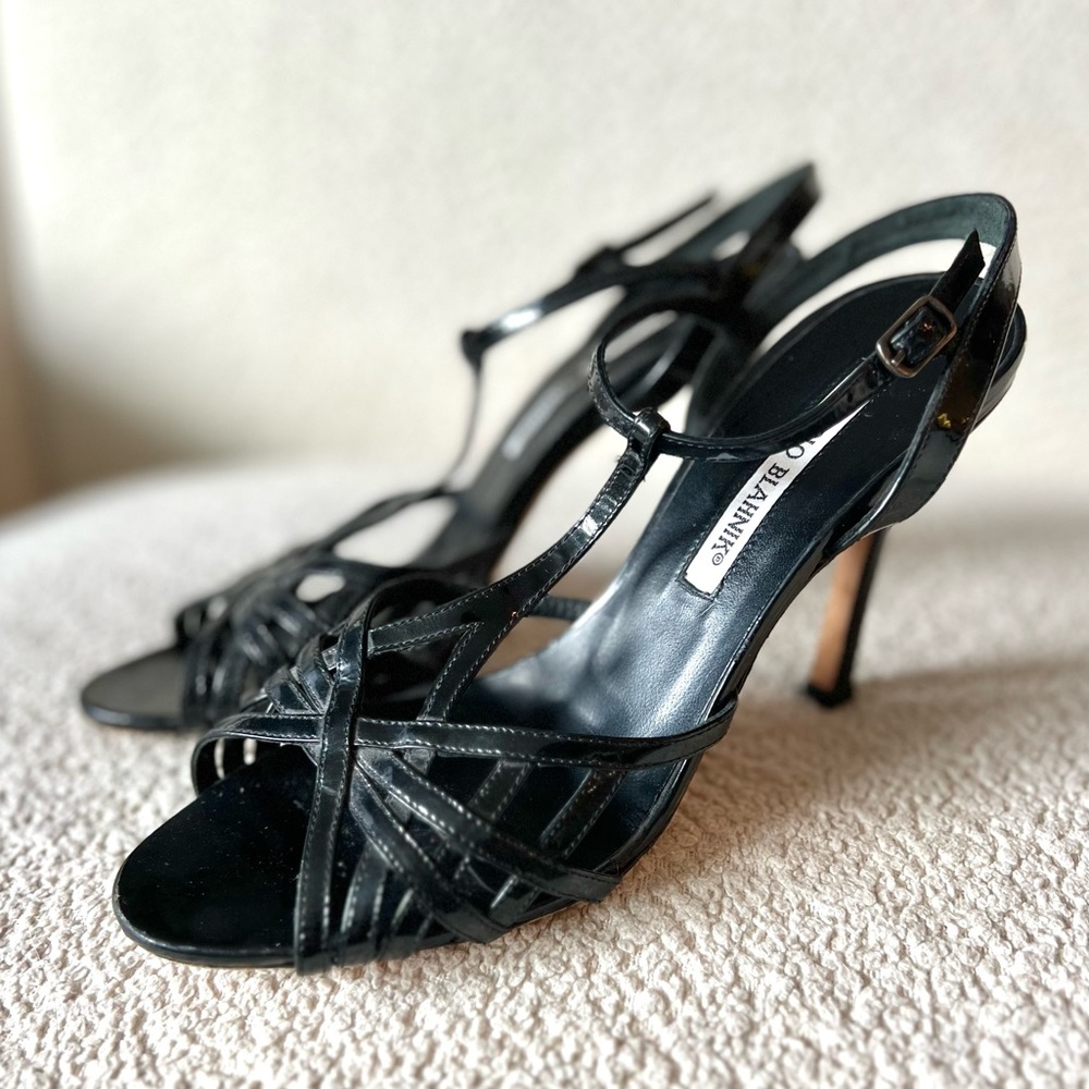 Manolo Blahnik Black Leather Strappy Heeled Sandals